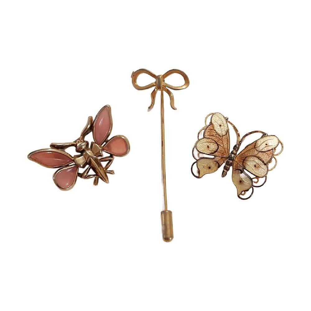 Vintage Cloisonne Enamel Pink Butterfly and Bow Brooch Lot 3
